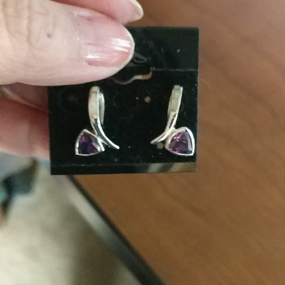 Sterling Silver Opal/Amethyst Earrings Stamped